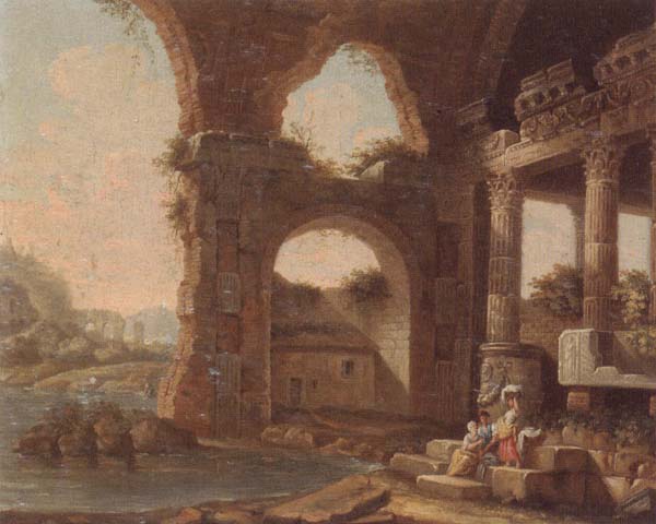 An architectural capriccio with washerwomen by a river